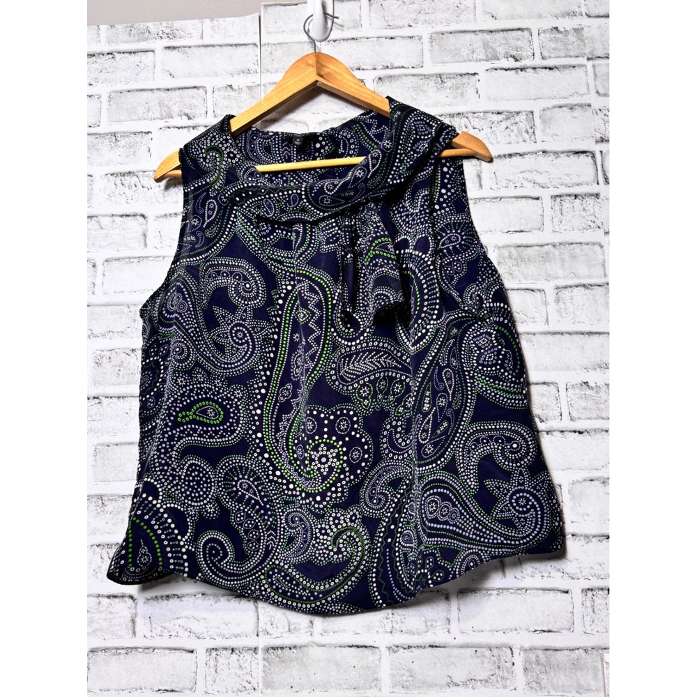 J.Crew Womens 100% Silk Paisley Cowl‎ Neck Sleeveless Blouse Navy Green CN366